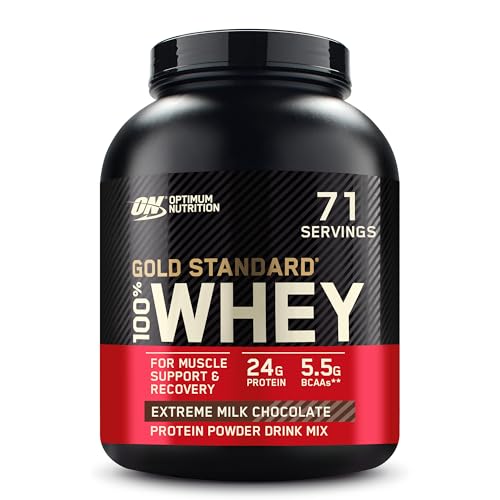 Optimum Nutrition ON Gold Standardßpulver zum Muskelaufbau natürlich enthaltene BCAA und Glutamin Extreme Milk Chocolate 71 Portionen 2.27kg Verpackung kann Variieren