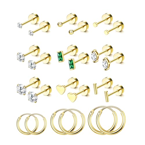 JeweBella 12 Paar Ohrringe Set für Damen Chirurgenstahl 14K Vergoldet Creolen Ohrringe für Mehrere Ohrlöcher Zirkonia Herz Klein Ohrstecker Set Knorpel Tragus Helix Piercing Ohrringe Gold Silber