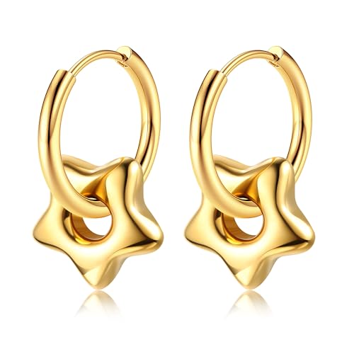 Adramata Damen Ohrringe Gold Hängend Gold Creolen mit Anhänger Edelstahl Tropfen Ohrringe 18K Vergoldete Ohrhänger Stern Mond Herz Ohrringe Schlichte Statement Ohrringe Creolen Damen Schmuck Gold