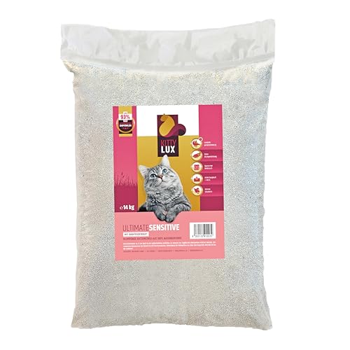 KittyLux klumpende Katzenstreu Ultimate Sensitive 4x14kg mit Babypuderduft für Sensible Katzen Klumpstreu 100% Naturbentonit Feste Klumpenbildung schnelle Geruchsbildung geringer Verbrauch