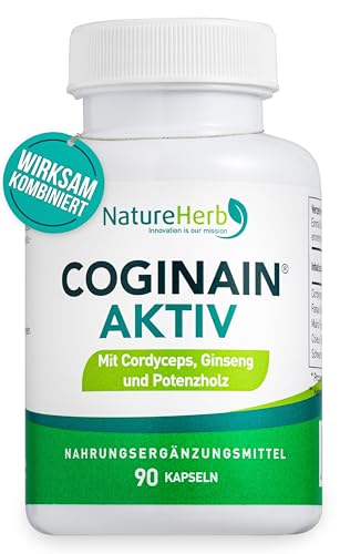 NatureHerb Coginain aktiv - Cordyceps Ginseng Muira Puama Spezialextrakte - 90 Kapseln - Vitalität für Männer und Frauen - Testo Support Komplex- Maca Damiana Alternative