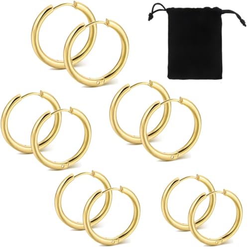 ZKGYUS 5 Paare Ohrringe Gold Ceolen Klein Edelstahl Creolen Ohrringe Set für Damen Herren Hypoallergen Ohrringe Gold Klein Creolen Set 8 10 12 14 16mm