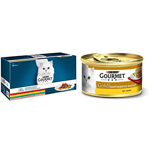 Purina GOURMET Perle Erlesene Streifen Katzennassfutter mit Huhn Rind Lachs Kaninchen 60er Multipack Gold Raffiniertes Ragout köstliches Katzennassfutter Katzenfutter nass 12er Pack