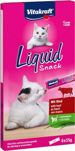 Vitakraft Liquid Snack flüssiger Katzen Snack Leckerli für Katzen mit Rind und Katzengras zur Unterstützung der gesunden Darmflora kalorienarm 1x 6 Stück