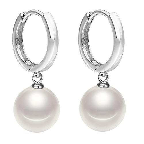 LÖB Damen Perlenohrringe Hängend 925 Silber Ohrringe Stecker Creolen mit weißen Perlen Tropfen Anhänger Weiß 12mm Brautschmuck