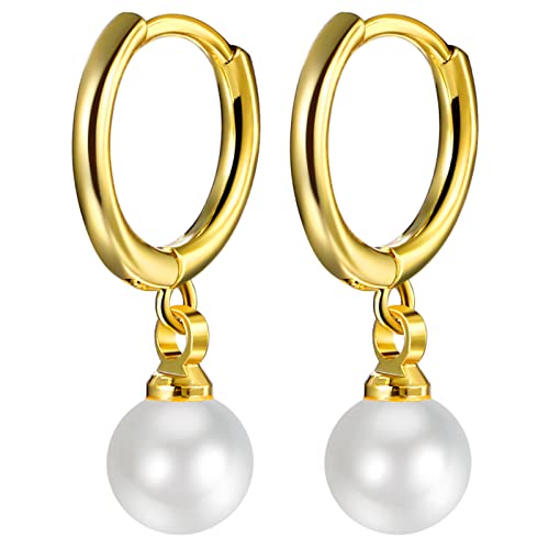 JewelryWe Schmuck Perlen Ohrringe Damen Klassiker Elegant Perlenohrringe Creolen Ohrhänger mit Weiß Perlen Geschenk für Frau Mädchen Gold