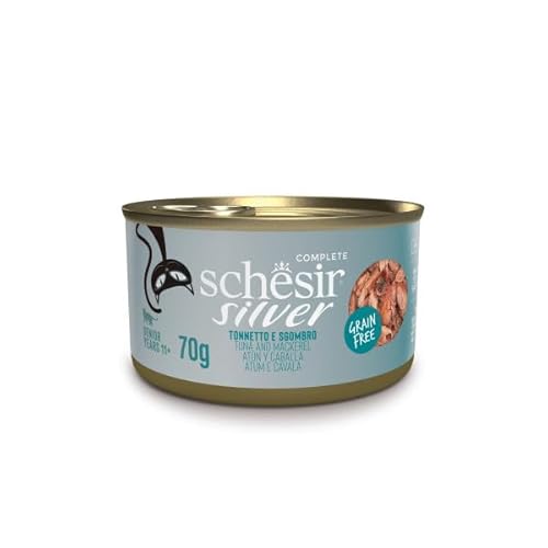 Schesir Silver Nassfutter für Katzen ab 11 Jahren Dose und Beutel 12 Stück Schesir Silver Thunfisch und Makrele 70 g