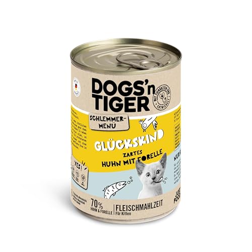 Dogs n Tiger Schlemmermenü Glückskind Nassfutter für Kätzchen saftiges Huhn und Forelle - ohne Getreide Zuckerzusatz künstliche Konservierungsstoffe optimale Verträglichkeit 6x400g