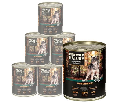 Dehner Wild Nature Hundefutter Unterholz Nassfutter getreidefrei zuckerfrei für ausgewachsene Hunde Wildschwein 6 x 800 g Dose 4.8 kg