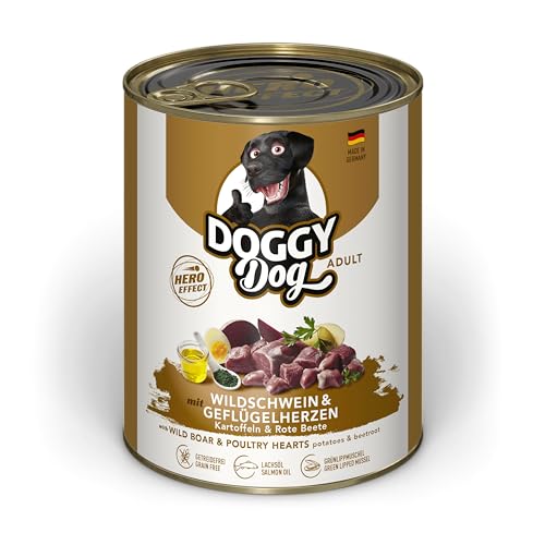 DOGGY Dog Pat Wildschwein Geflügelherzen 6 x 800 g Nassfutter für Hunde getreidefreies Hundefutter mit Lachsöl und Grünlippmuschel mit Kart of Made in Germany