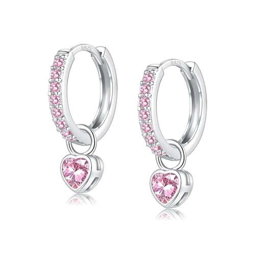 Ohrringe Silber 925 Ohrringe Silber 925 Hängend Ohrringe Pink Creolen Silber Ohrringe Rose mit Herz Rund Zirkonia für Damen Mädchen Herren pink-herz