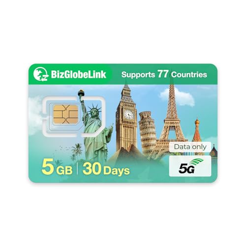 EIOTCLUB Prepaid SIM für Reisen BizGlobeLink SIM-Karte Internationale 5GB 30Tage Nutzung in 77 Ländern nur Daten 5G 4G LTE ohne Vertrag nachfüllbar für Handys WLAN-Router Tablets.