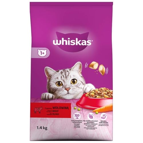 Whiskas Adult 1 Katzentrockenfutter mit Rind 2 Beutel 2x1 4kg Hochwertiges Trockenfutter für ausgewachsene Katzen ab 1 Jahr- unterschiedliche Produktverpackungen erhältlich