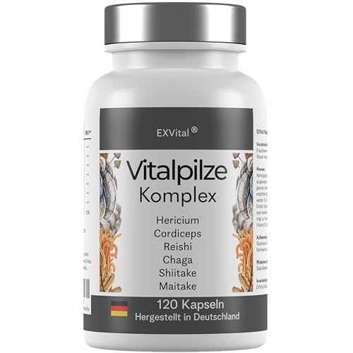 EXVital Vitalpilze Komplex- Hericium Cordyceps Reishi Chaga Shiitake Maitake- 1480mg Pilzextrakt pro Tag 120 vegane Kapseln hochdosierter Pilzkomplex laborgeprüft