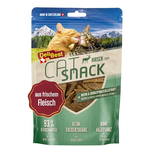 DeliBest Cat Snack aus 100% Schweizer Hirschfleisch I Katzen Leckerlies getreidefrei I halbfeuchte Leckerlies leicht verdaulich I Katzen Snack für Fellglanz I Allergiker geeignet I 45g