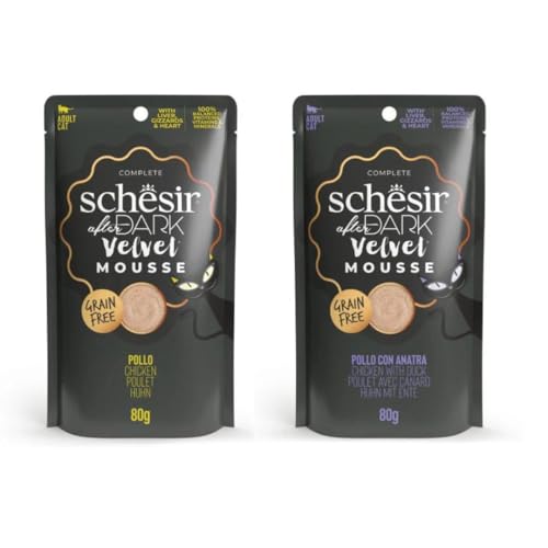 Schesir After Dark Nassfutter für Katzen Velvet Mousse 2er-Pack 24 x 80 g 24 x 80 g Mousse Huhn Mousse mit Ente