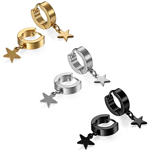 JewelryWe Schmuck 3 Paar Ohrringe Creolen Edelstahl Huggie Hoop Klappcreolen Ohrpiercing Ohrhänger Ohrstecker mit Stern Anhänger für Herren Damen Silber Gold Schwarz