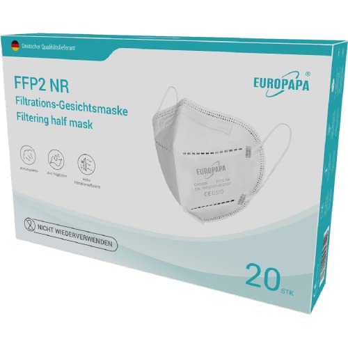 EUROPAPA 20x FFP2 Weiss Masken Atemschutzmaske 5 Lagen Staubschutzmasken hygienisch einzelverpackt Stelle zertifiziert EN149 2001 A1 2009 Mundschutzmaske EU2016 425