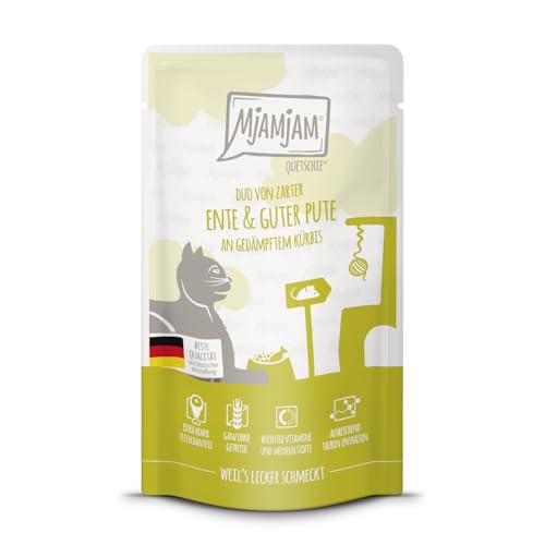 MjAMjAM - Premium Nassfutter für Katzen - Quetschie - DUO von zarter Ente guter Pute an gedämpftem Kürbis 1er Pack 1 x 125g getreidefrei mit extra viel Fleisch