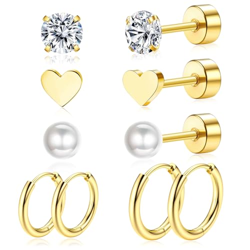 Titan Ohrringe Damen 5 Paar Titan Ohrringe Ohrringe Titan Ohrstecker Titan Ohrringsatz Aus Titanlegierung Creolen Klein Herzförmige Perlenohrringe Hypoallergenes Schlafohrring Set Gold