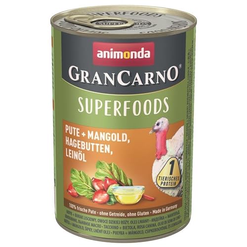 animonda Gran Carno adult Superfoods Hundefutter Nassfutter für ausgewachsene Hunde Pute Mangold Hagebutten Leinöl 6 x 400 g 6er Pack 6 x 0.4 kilograms