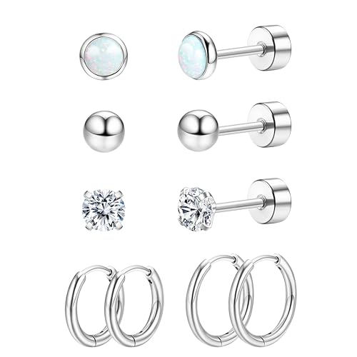 KRFY 5 Paar Titan Ohrringe für Damen Herren G23 Titan Ohrstecker Creolen Opal Zirkonia Ohren Piercing Hypoallergene Titan Ohrringe 20G Flatback Creolen Ohrstecker für Damen Mädchen