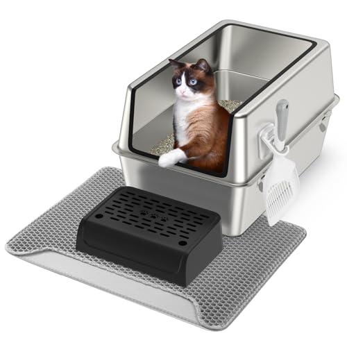 Katzentoilette aus Edelstahl mit Deckel XXL extragroßes Gehäuse herausnehmbare Katzentoilette aus Metall mit hohen Seitenwänden für Katzen mit Streuschaufel doppellagiger Katzenstreumatte und Pedal