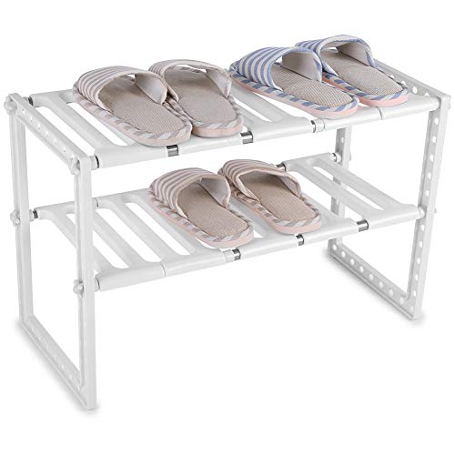 Ejoyous Schuhregal 2 Ebenen Ausziehbar Schuhregal Schmal Stapelbar Kinder Schuhablage Schuhständer Shoe Rack Aufbewahrungsregal Platzsparend Schuhbank 53 x 26 x38 cm