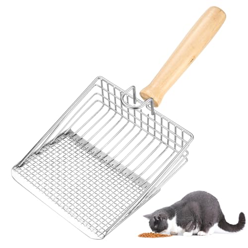 Katzenstreu Schaufel Katzenstreuschaufel für Katzenklo Schaufel Metall mit Holzgriff Katzenschaufel für Katzenstreu Klumpstreu Cat Litter Scoop Lochabstand 7mm Länge 27cm