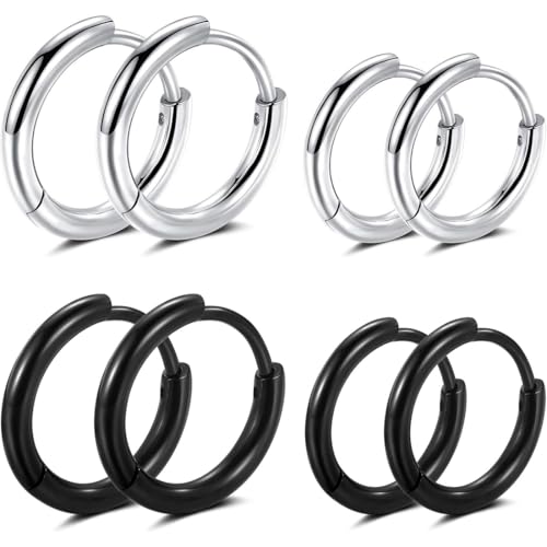 JEYORZY 4 Paare Edelstahl Ohrstecker Set Ohrringe Männer Creolen Klein Ohrstecker Ohrringe Herren Ohrringe Männer Creolen8MM 14MM schwarz silber