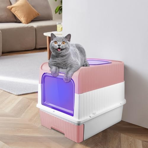 OHMG Katzenklo Katzentoilette mit Deckel UV-Desinfektion ausziehbares Tablett Schaufel Bürste geräumig für Katzen bis 15 kg Anti-Geruch Doppeltürige Katzentoilette mit Deckel