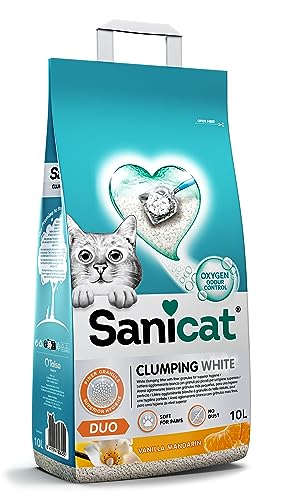 Sanicat - Ultra klumpendes weißes Katzenstreu - Vanille- und Mandarinenduft Hergestellt mit natürlichen geruchskontrollierenden Mineralien 10 Liter Behälter