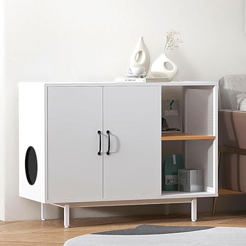 SogesHome Konsolentisch Konsolenschrank Beistellschrank Sideboards Kommode als Katzenhaus Katzenhöhlen mit Regal Türen und Höhle für Katze