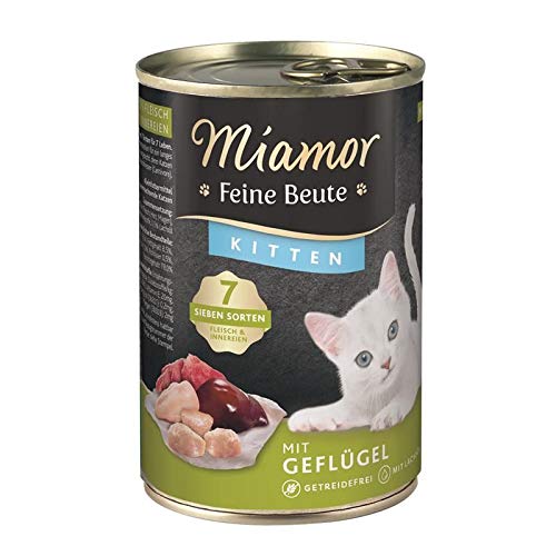 MIAMOR - Feine Beute Kitten Nassfutter für ausgewachsene Katzen mit 7 Sorten Fleisch und Innereien. Getreidefreies Alleinfutter mit Taurin in der Dose ohne Zusätze 12x400g Geflügel