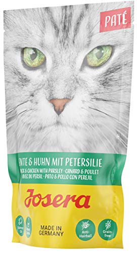 JOSERA Pat Ente Huhn mit Petersilie 16 x 85 g Adult Premium Nassfutter für ausgewachsene Katzen Pastete Ente Huhn Lachsöl getreidefrei Katzenfutter nass im Frischebeutel 16er Pack