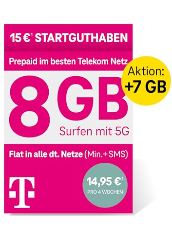 Telekom MagentaMobil Prepaid L SIM-Karte ohne Vertragsbindung 5G inkl. I 15 GB Allnet Flat Min SMS in alle dt. Netze EU-Roaming I Surfen mit 5G LTE Max Hotspot Flat I 15 EUR Startguthaben