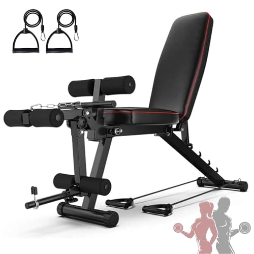 Hantelbank Verstellbar für Langhantel Sit up Bank Bauchtrainer Klappbar Trainingsbank mit Beincurler Multifunktion Schrägbank Rückentrainer Fitnessbank für Zuhause Ganzkörper Krafttraining