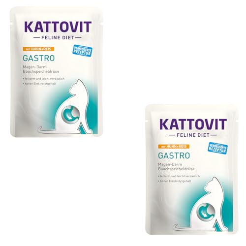 Kattovit Gastro Huhn Reis Doppelpack 2 x 24 x 85 g Diät-Alleinfuttermittel für ausgewachsene Katzen Zum Ausgleich bei Verdauungsproblemen Fettarm und gut verdaulich