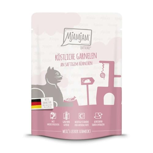 MjAMjAM - Premium Katzenfeuchtfutter - Quetschie - Leckere Garnelen mit saftigem Huhn 1 Packung 1 x 300g Getreidefrei mit zusätzlichem Fleisch