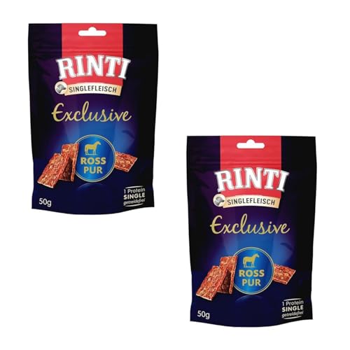 RINTI Singlefleisch Exclusive Snack Ross Pur Doppelpack 2 x 50 g Ergänzungsfuttermittel für ausgewachsene Hunde Ausschließlich Ross für empfindliche Hunde bei Allergien Als Belohnung