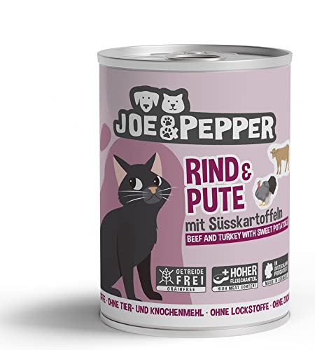 Joe Pepper getreidefreies Katzenfutter alle Sorten 6X 400g hoher Fleischanteil Keine künstlichen Zutaten Nassfutter für Katzen Rind Pute