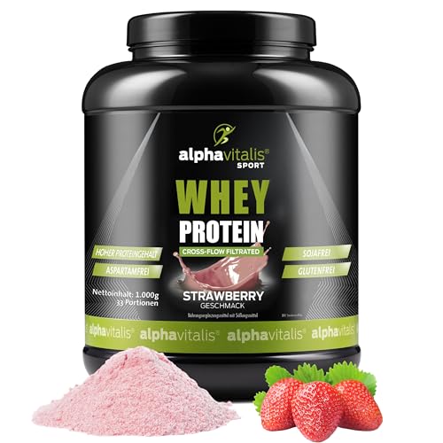 Whey Protein Pulver 1KG - Eiweißpulver für Proteinshakes Kraftsport und Fitness - WPC Whey Konzentrat cross flow mikrofiltiert CFM - Muskelaufbau Shake super lecker - Eiweißshake Erdbeer