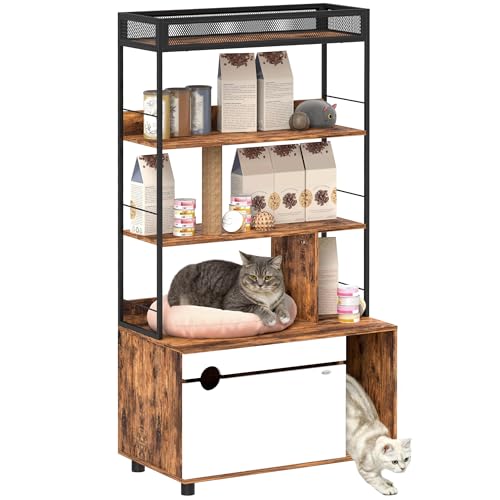 PawHut 2-in-1 Katzenklo Schrank Katzenklo mit 3-Ebenen-Regal Kratzpfosten Klapptür Katzenhaus für Katze unter 6 kg 80 x 48 x 152 cm Rustikal-Braun