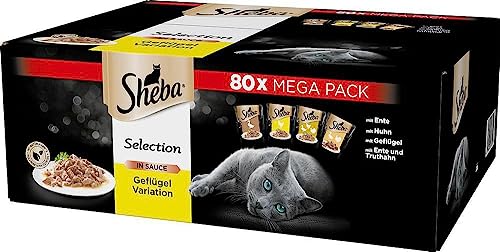 Sheba Katzennassfutter Selection in Sauce 80x85g Schalen Mega Pack Katzenfutter nass Geflügel Variation mit Poularde Huhn Geflügel und Truthahn in Sauce für ausgewachsene Katzen