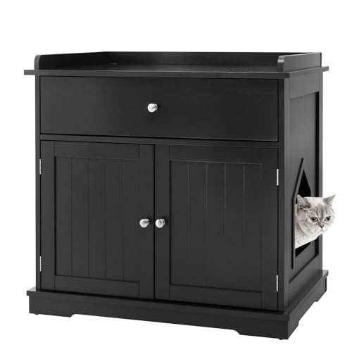 SOARS Katzenschrank Katzenklo Schrank mit Schublade und 2 Türen Katzentoilette mit Katzenlöchern 3 in 1 Katzenhaus Beistelltisch Badezimmermöbel Katzenmöbel Indoor Outdoor Schwarz