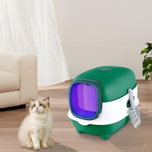 Katzenklo Katzentoilette Geschlossener Katzenklo inklusive Schaufel UV-Desinfektion Auslaufsicherer Boden grün-40 39 56cm