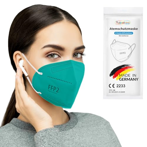 TubeRoo FFP2 Maske türkis grün 10 Stück Masken aus Deutschland Made in Germany weiche runde Ohrschlaufen Bänder Atemschutzmaske Mundschutz