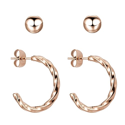 BONNYBIRD Creolen Rosegold Ohrringe Damen - Ohrringe Rosegold Creolen Edelstahl Damen Ohrstecker Rosegold Klein Chirurgenstahl Ohrringe Set Gedreht