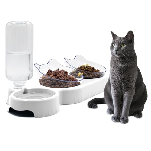 Dreifacher Futternapf für Hunde und Katzen um 15 neigbar 3-in-1-Wasser-Futternäpfe mit automatischer Wasserflasche herausnehmbarer Futternapf für Katzen und Welpen Weiß