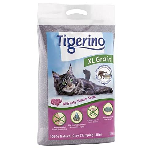 Tigerino XL Getreide im Babypuderduft 12 kg aus natürlichem Ton grobkörnig klumpendes Katzenstreu für langhaarige Kätzchen und erwachsene Katzen staubar sparsam